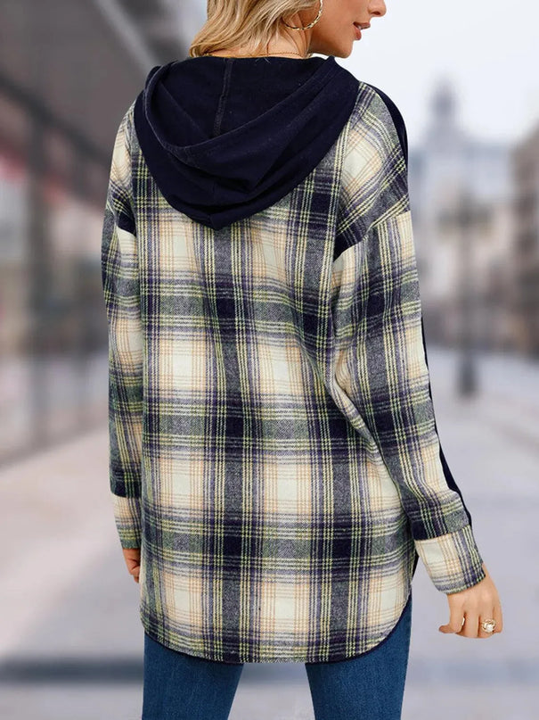 Plaid Drawstring Long Sleeve Slit Hoodie - ShopEasier