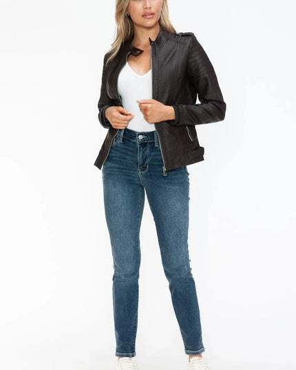 Snobbish PU Leather Biker Jacket with Side Zip Pockets - ShopEasier