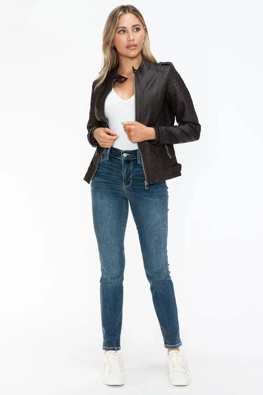 Snobbish PU Leather Biker Jacket with Side Zip Pockets - ShopEasier