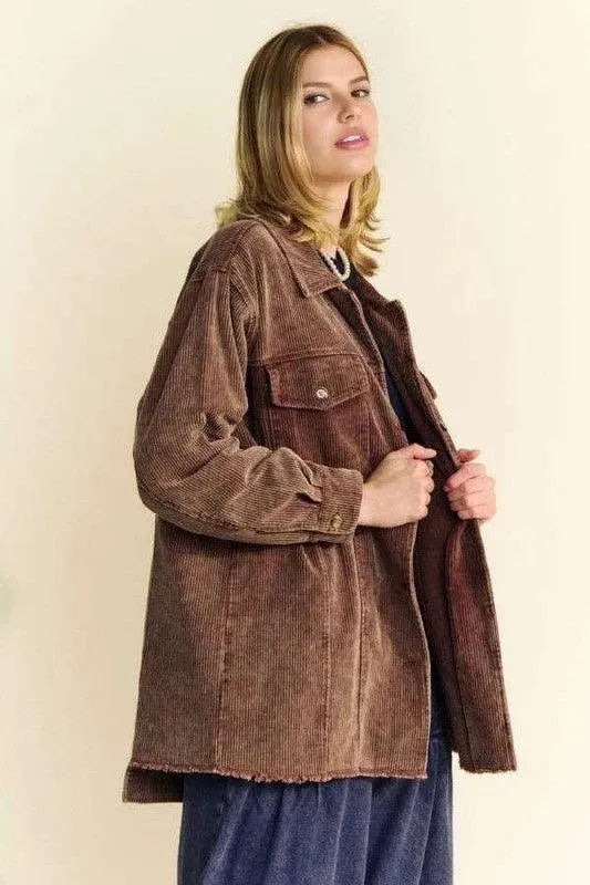 Trendy Washed Corduroy Raw Hem Button-Up Jacket by Davi & Dani