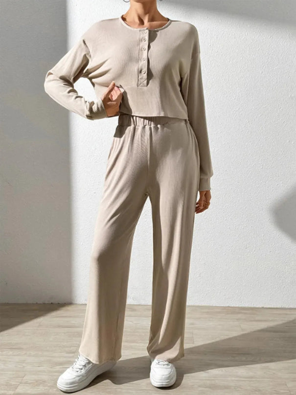 Chic Button-Up Long Sleeve Top and Pants Ensemble