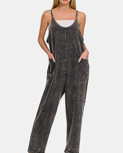 Zenana Washed Spaghetti Straps Overalls with Pockets - ShopEasier