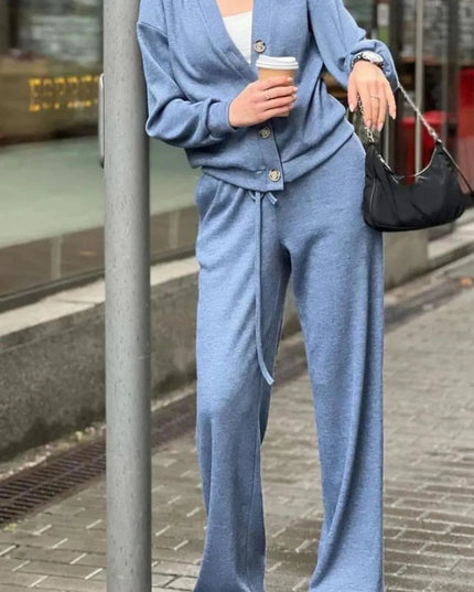 Chic Full-Length Button-Up Shirt and Trouser Ensemble