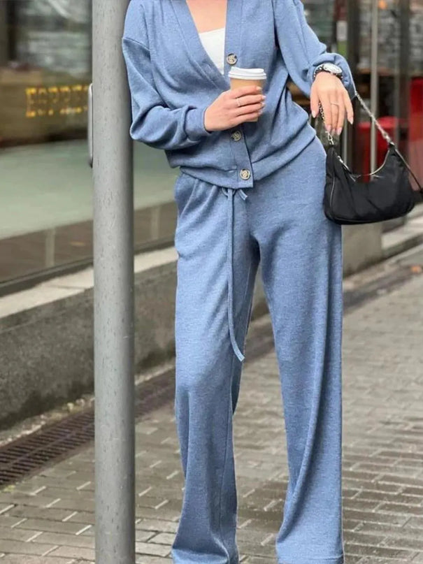 Chic Full-Length Button-Up Shirt and Trouser Ensemble