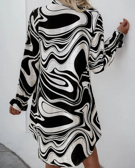 Perfee Ruffled Printed V-Neck Long Sleeve Dress