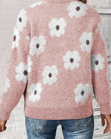 Flower Half Zip Long Sleeve Sweater - ShopEasier