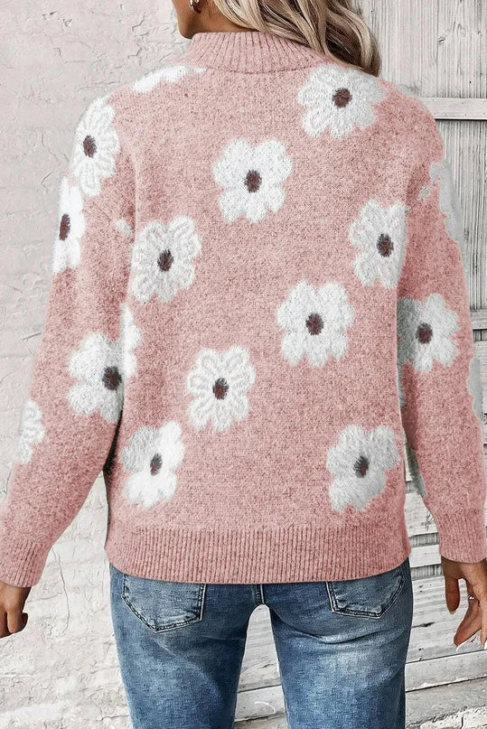 Flower Half Zip Long Sleeve Sweater - ShopEasier