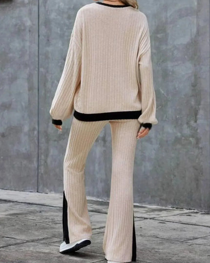 Contrast Round Neck Long Sleeve Top and Bootcut Pants Set