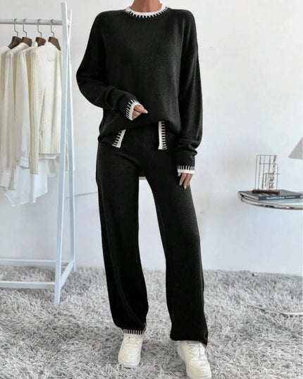 Side Slit Contrast Trim Round Neck Top and Pants Sweater Set