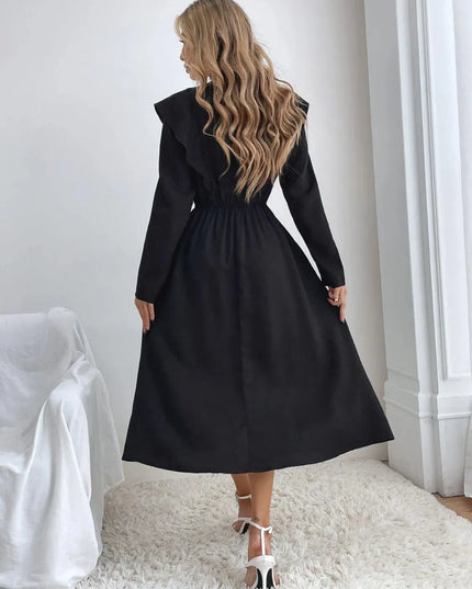 Ruched Ruffled Round Neck Long Sleeve Dress - ShopEasier