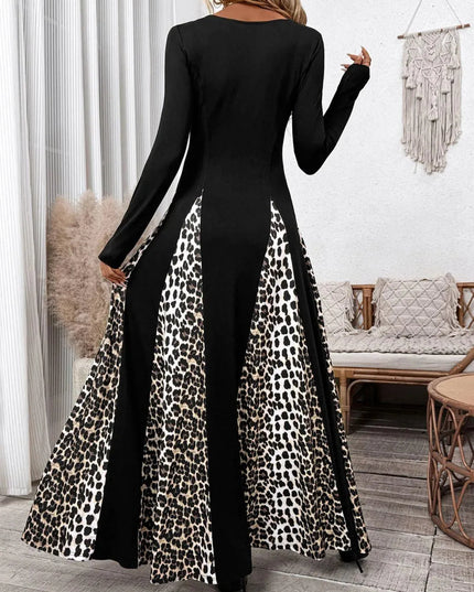 Perfee Leopard Square Neck Long Sleeve Maxi Dress - ShopEasier