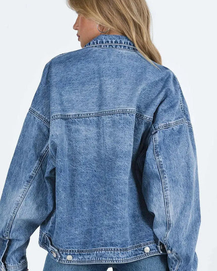 Collared Neck Button Up Denim Jacket - ShopEasier