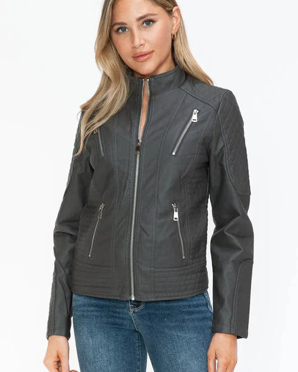 Snobbish Faux Leather Zip Up Mock Neck Jacket - ShopEasier