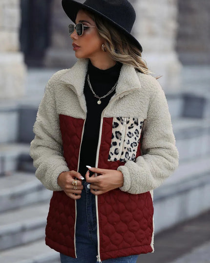 Leopard Print Color Block Zip-Up Hooded Jacket