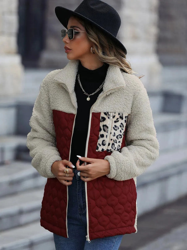 Leopard Print Color Block Zip-Up Hooded Jacket