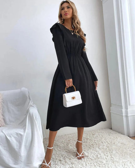 Ruched Ruffled Round Neck Long Sleeve Dress - ShopEasier