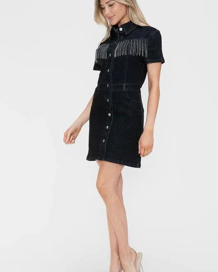 bytos Full Size Embellished Button Down Short Sleeve Denim Dress