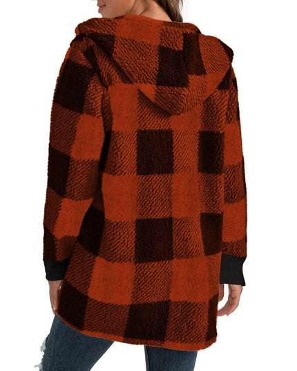 Plaid Long Sleeve Hooded Coat - ShopEasier