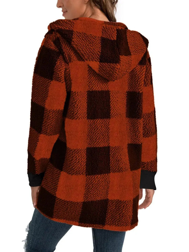 Plaid Long Sleeve Hooded Coat - ShopEasier