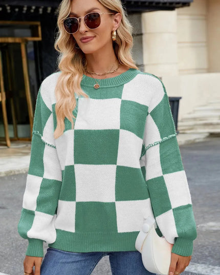 Checkered Round Neck Long Sleeve Sweater - ShopEasier