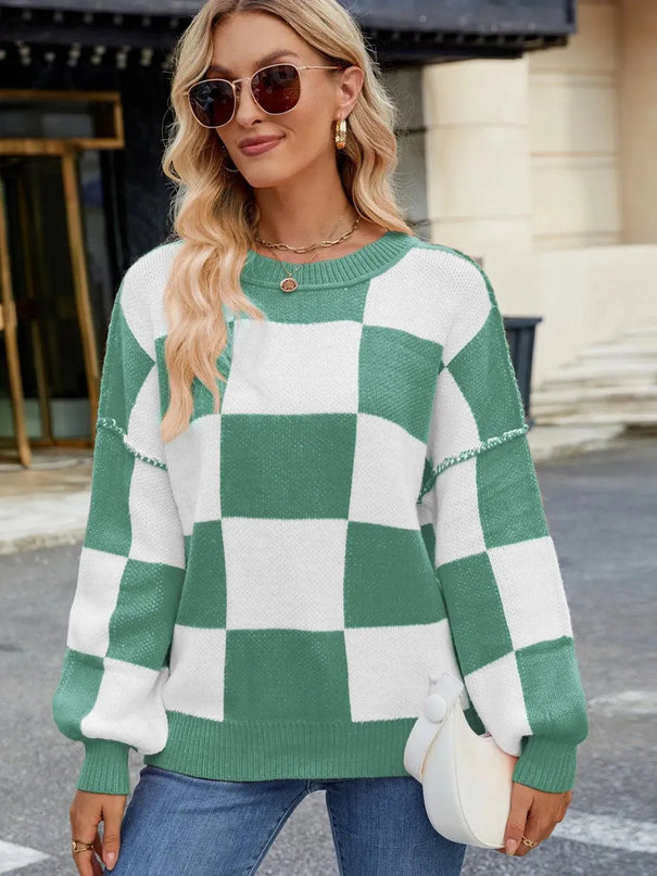 Checkered Round Neck Long Sleeve Sweater - ShopEasier