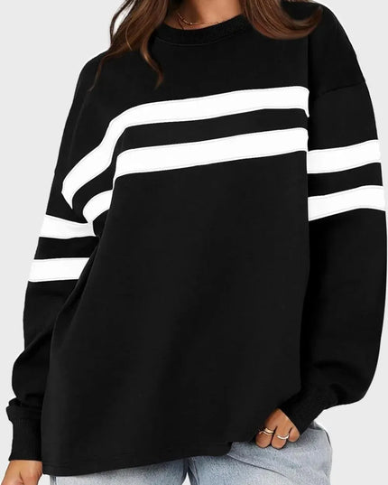 Lovelet Striped Round Neck Dropped Shoulder Sweatshirt - ShopEasier