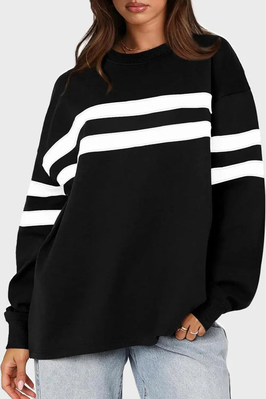 Lovelet Striped Round Neck Dropped Shoulder Sweatshirt - ShopEasier