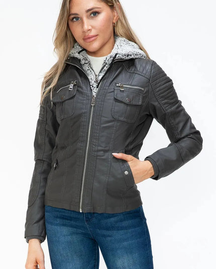 YMI Removable Faux Layered Multi-Pocket Jacket with Fuzzy Hood - ShopEasier