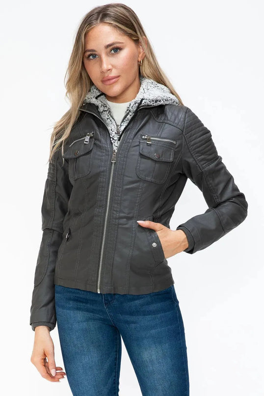 YMI Removable Faux Layered Multi-Pocket Jacket with Fuzzy Hood - ShopEasier