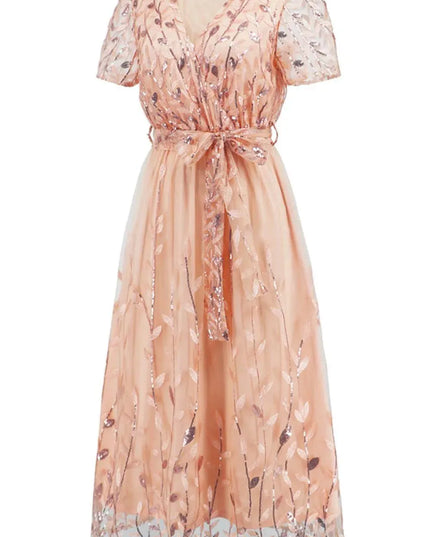 Sequin Leaf Embroidery Tie Front Short Sleeve Dress