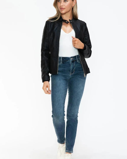 Snobbish PU Leather Biker Jacket with Side Zip Pockets - ShopEasier