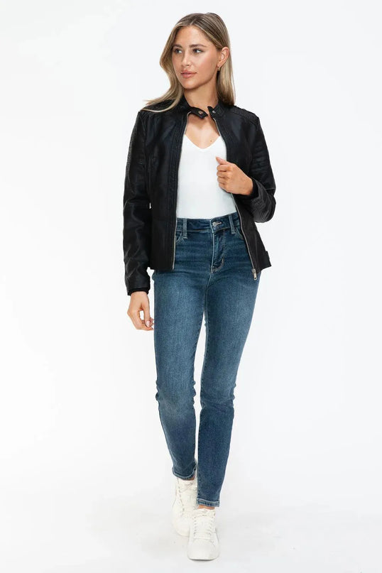 Snobbish PU Leather Biker Jacket with Side Zip Pockets - ShopEasier