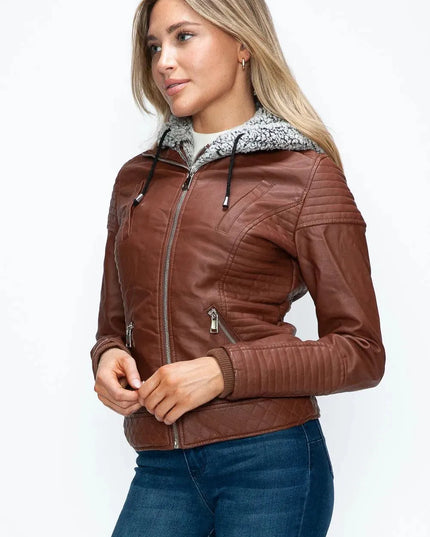 YMI Faux Layered Double-Zipper Jacket with Fuzzy Hood - ShopEasier