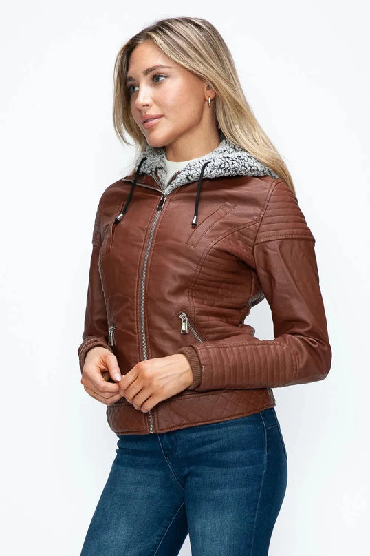 YMI Faux Layered Double-Zipper Jacket with Fuzzy Hood - ShopEasier