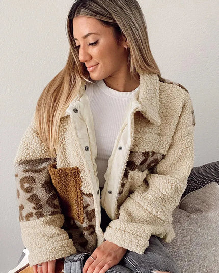 Leopard Print Sherpa Jacket with Collared Neck and Pockets