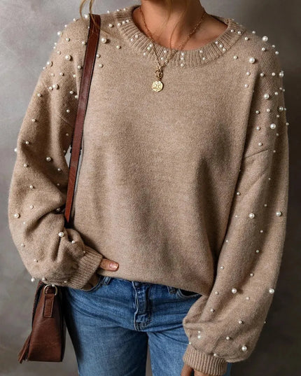 Elegant Pearl-Embellished Long Sleeve Knit Sweater