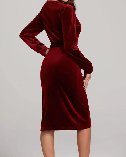 Round Neck Tie Waist Long Sleeve Velvet Dress - ShopEasier