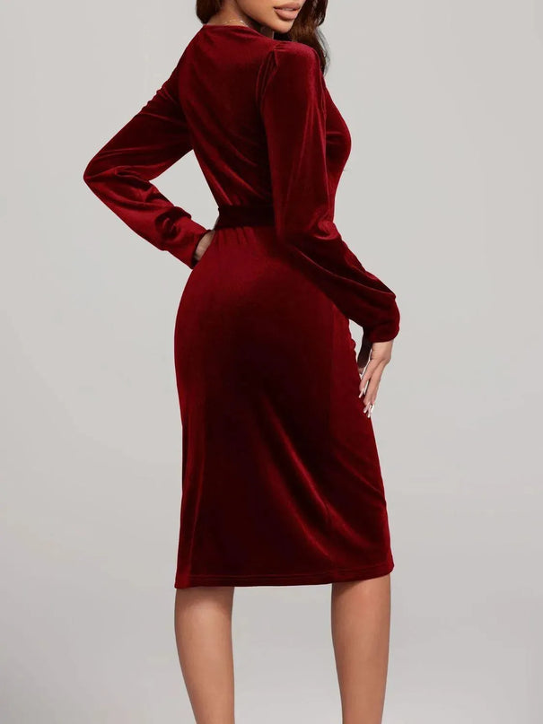 Round Neck Tie Waist Long Sleeve Velvet Dress - ShopEasier