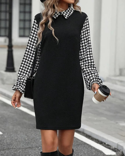 Houndstooth Collared Neck Long Sleeve Mini Dress