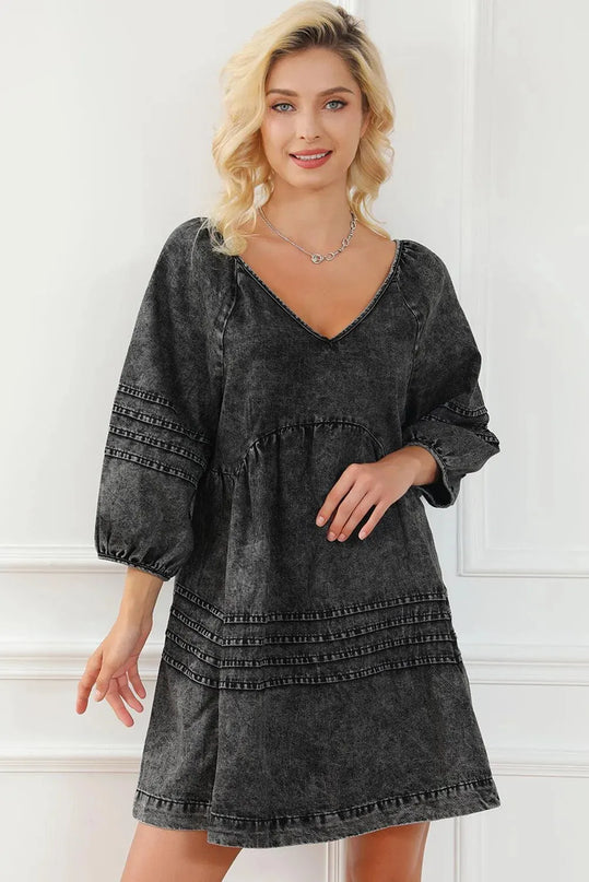 V-Neck Three Quarter Sleeve Denim Dress - ShopEasier