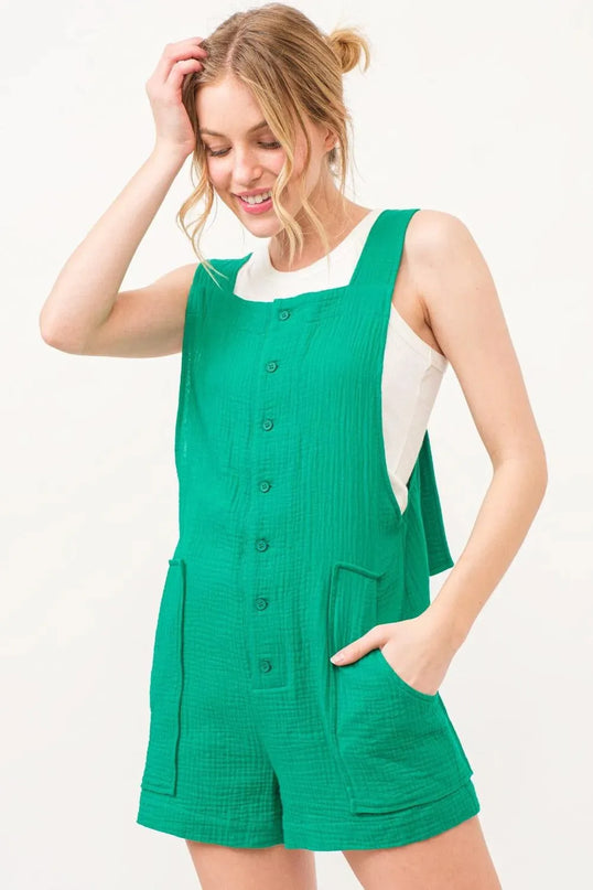 And The Why Button Up Tie Back Sleeveless Romper - ShopEasier