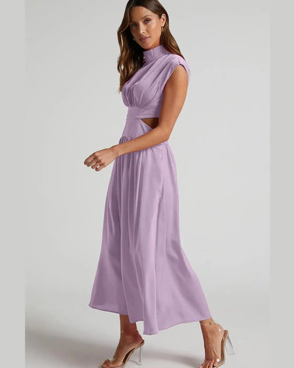 Cutout Mock Neck Sleeveless Ruched Dress