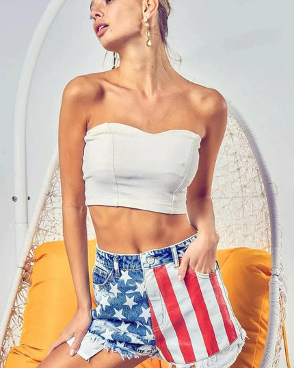 Patriotic Bleached Denim Shorts with US Flag Design