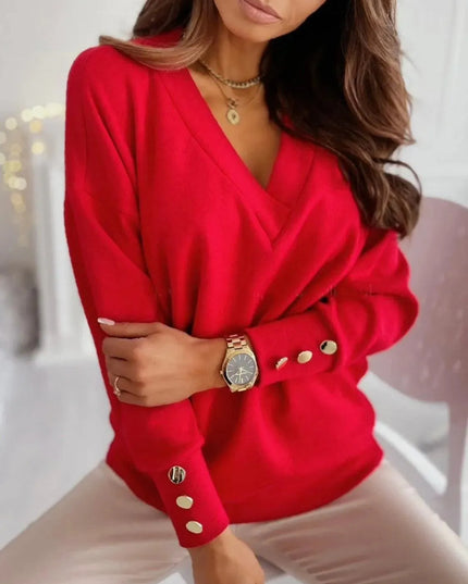 V-Neck Button-Detail Long Sleeve Pullover