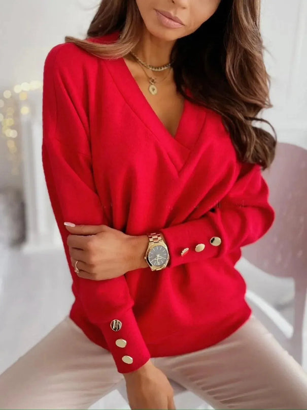 V-Neck Button-Detail Long Sleeve Pullover