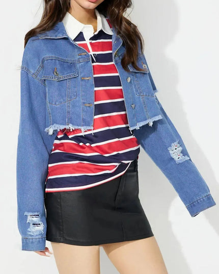 Raw Hem Collared Neck Cropped Denim Top - ShopEasier