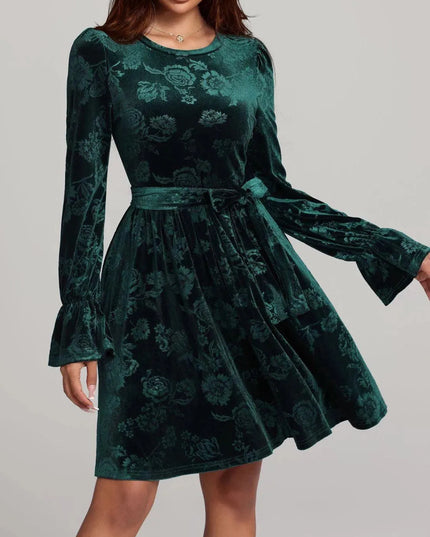 Tied Flower Print Round Neck Flounce Sleeve Dress - ShopEasier