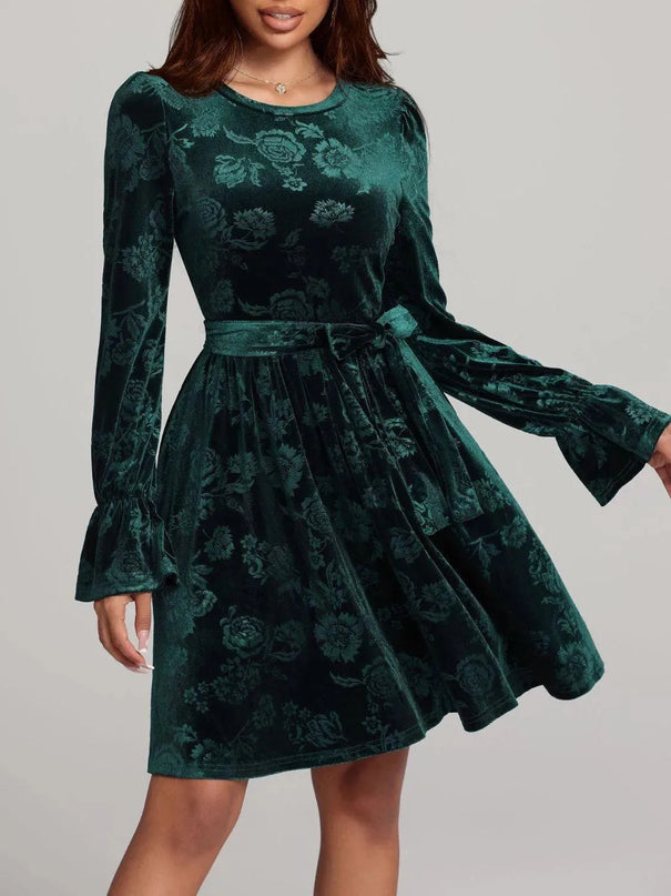 Tied Flower Print Round Neck Flounce Sleeve Dress - ShopEasier