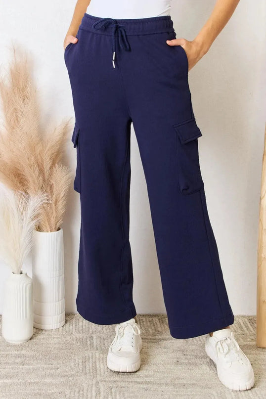 Relaxed Fit Wide-Leg Cargo Pants with Drawstring