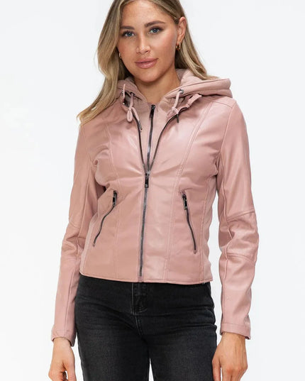 Snobbish Faux Leather Zip Up Drawstring Hooded Jacket - ShopEasier